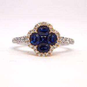 18K White And Yellow Gold Sapphire And Diamond Clover Ring