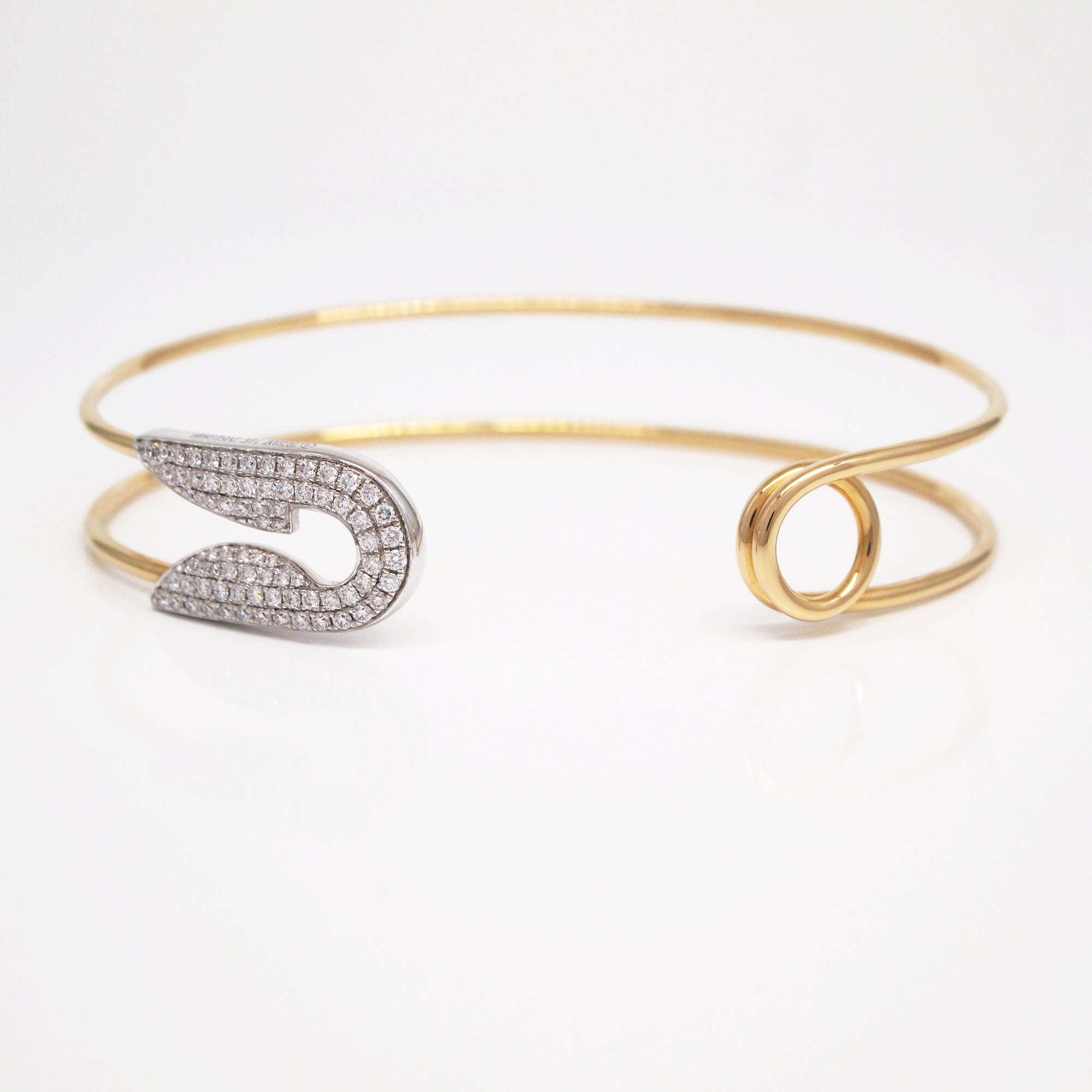 14K yellow and white gold diamond safety pin style bangle bracelet