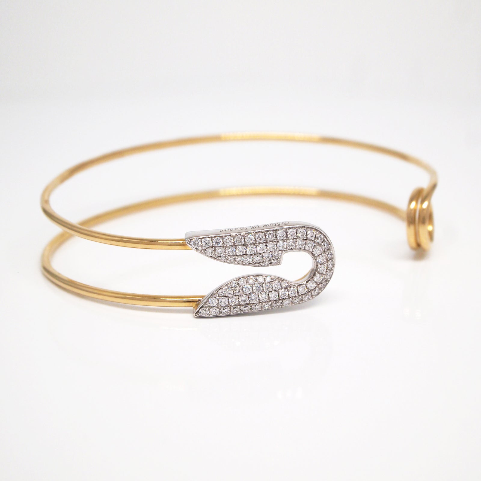 14K yellow and white gold diamond safety pin style bangle bracelet