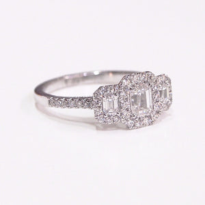 14K White Gold 3-Stone Diamond Halo Engagement Ring