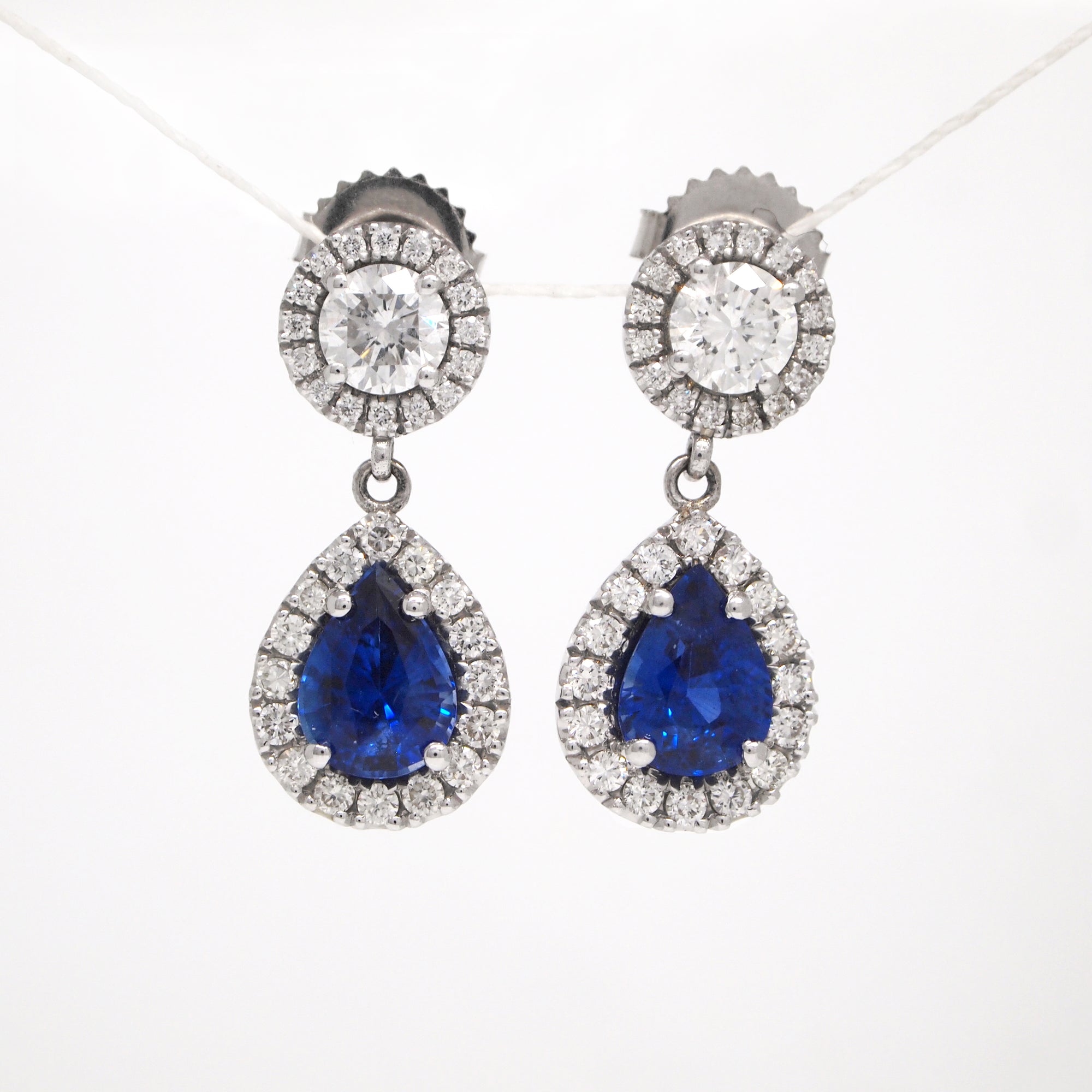 14K White Gold Pear Shaped Sapphire and Diamond Earrings