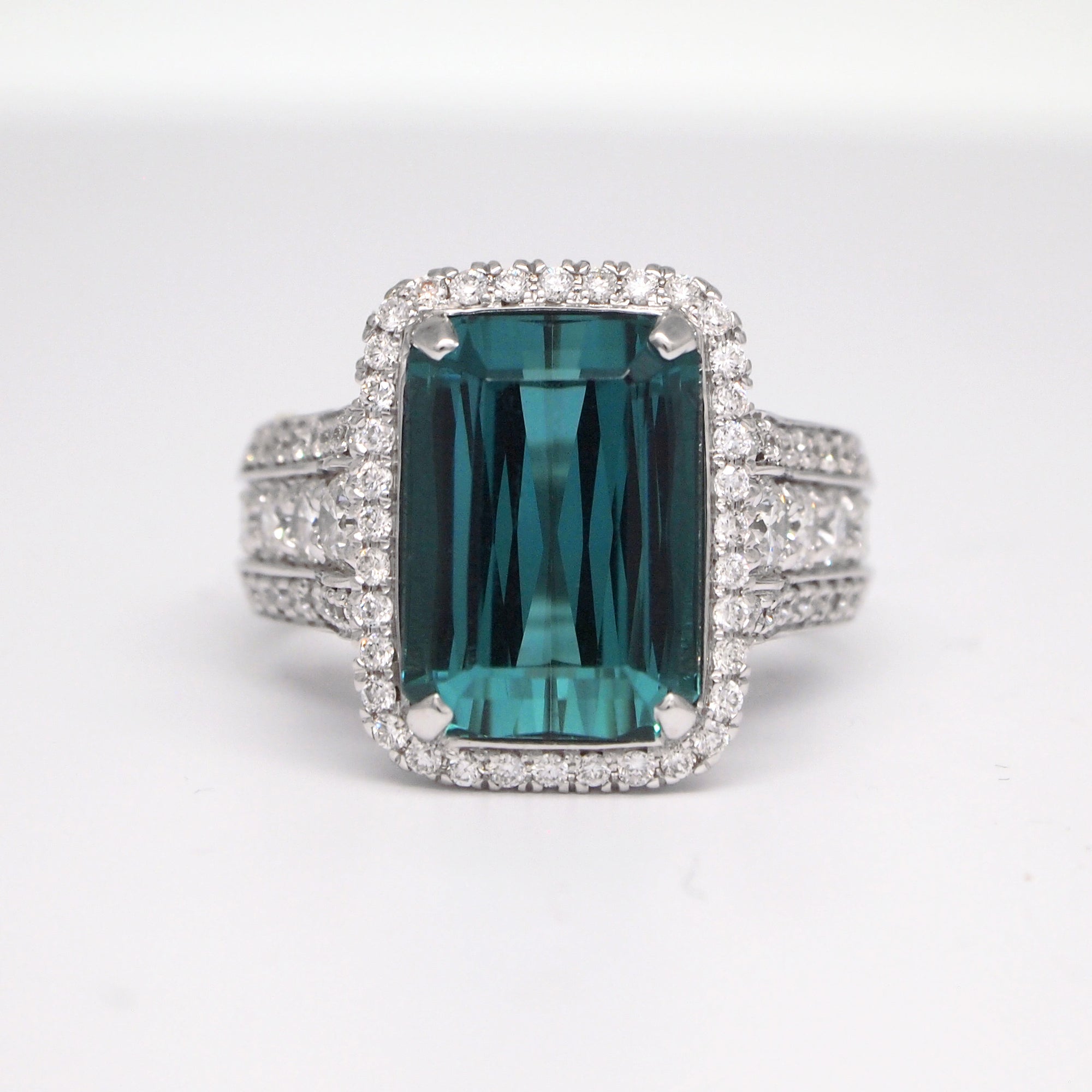 One Of A Kind 18K White Gold Rare Blue-Green Tourmaline and Diamond Ring