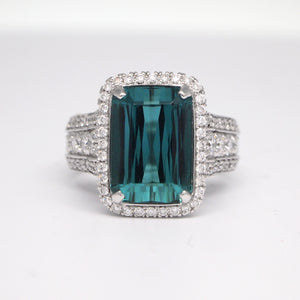 One Of A Kind 18K White Gold Rare Blue-Green Tourmaline and Diamond Ring