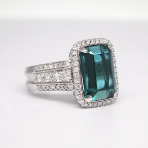 One Of A Kind 18K White Gold Rare Blue-Green Tourmaline and Diamond Ring