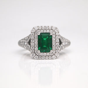 18K White Gold Emerald-Cut Emerald And Diamond Ring