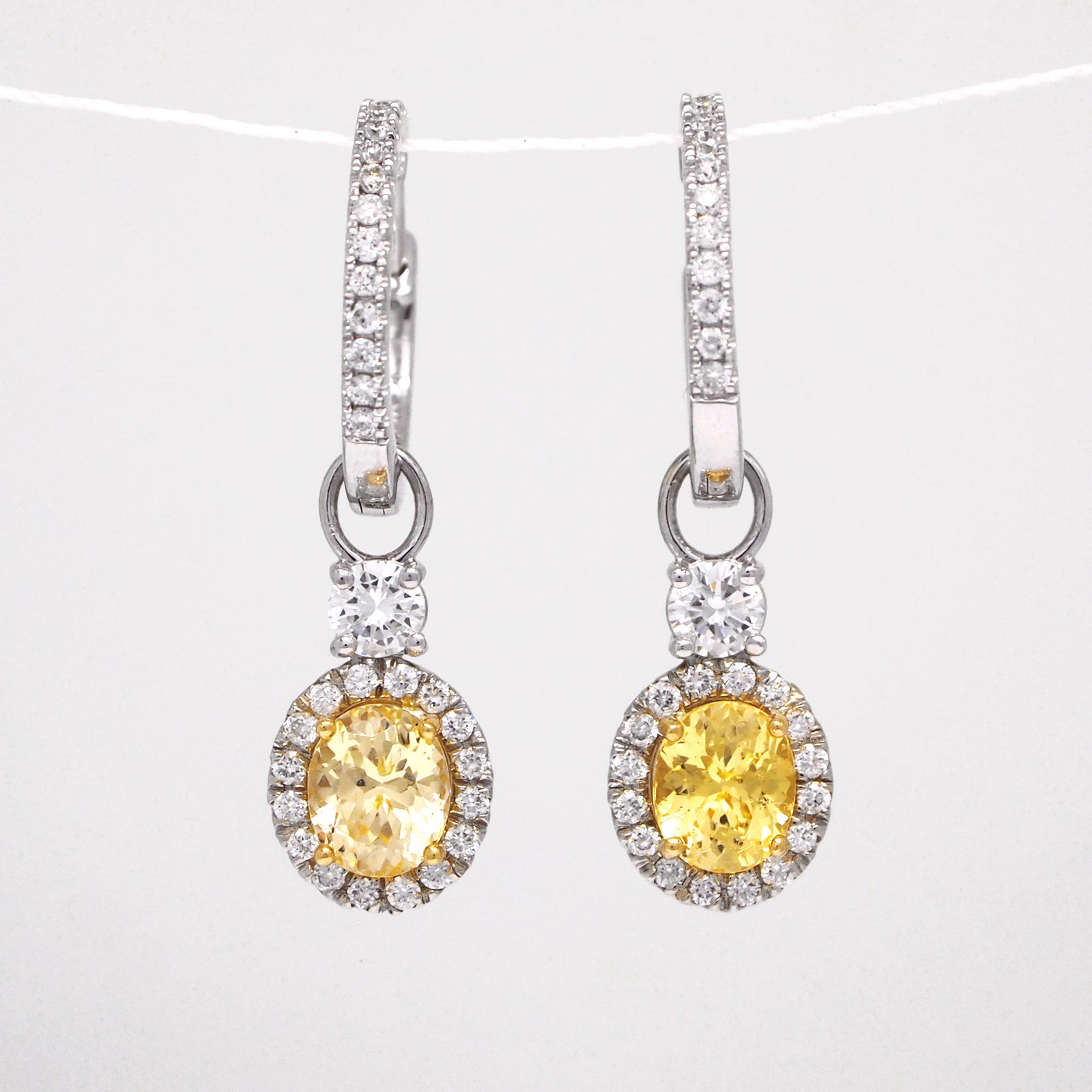 14K White Gold Natural Yellow Sapphire And Diamond Huggie Earrings