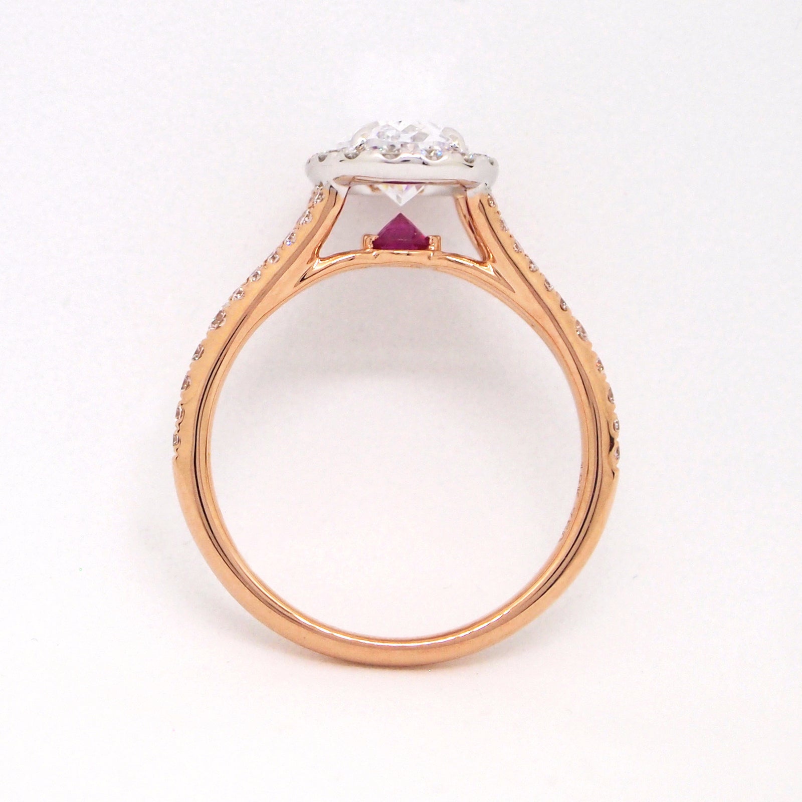 Point Of Love 18K Rose Gold Oval Diamond Engagement Ring With Pink Sapphire Point