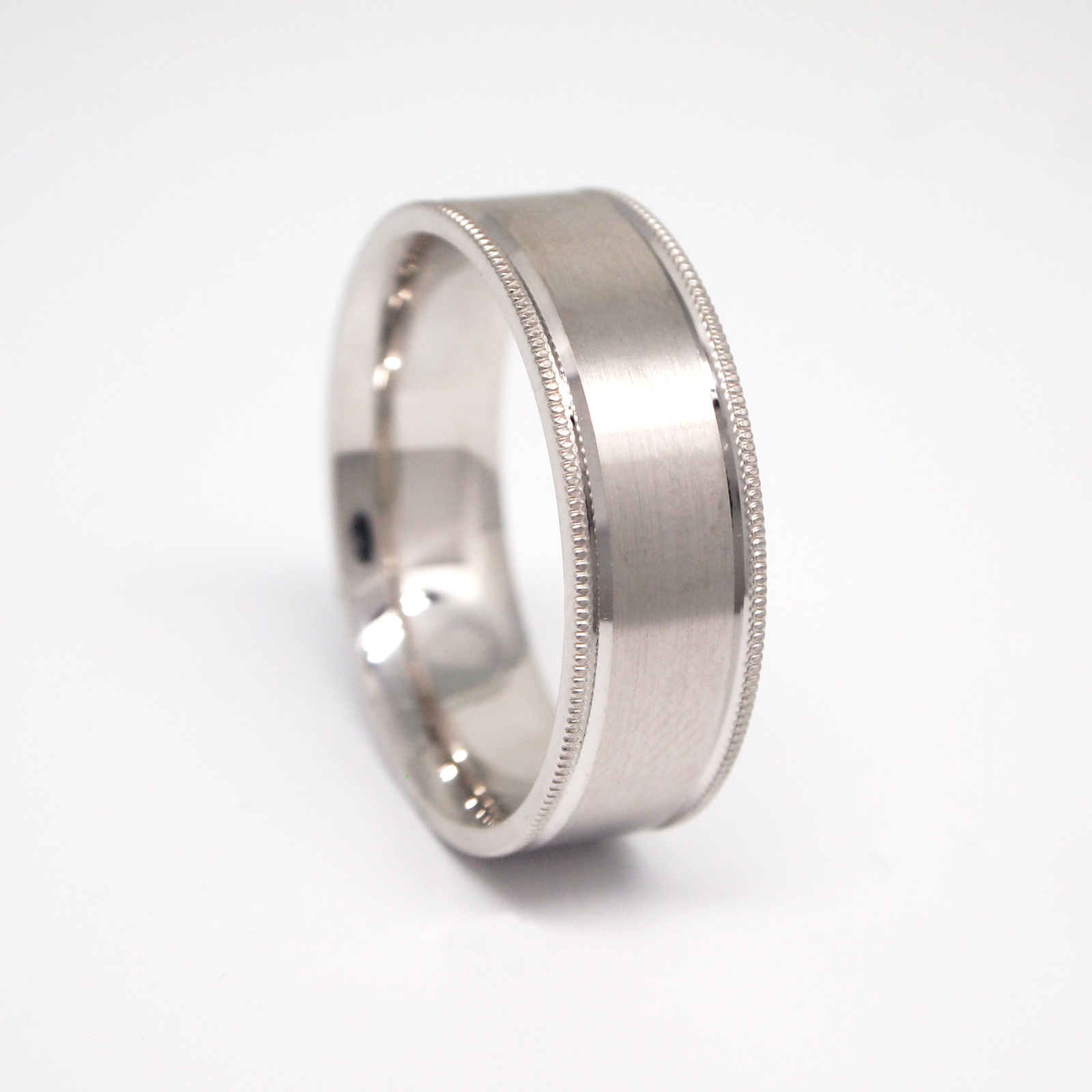 14K White Gold 7mm Satin Center Milgrain Men's Wedding Band