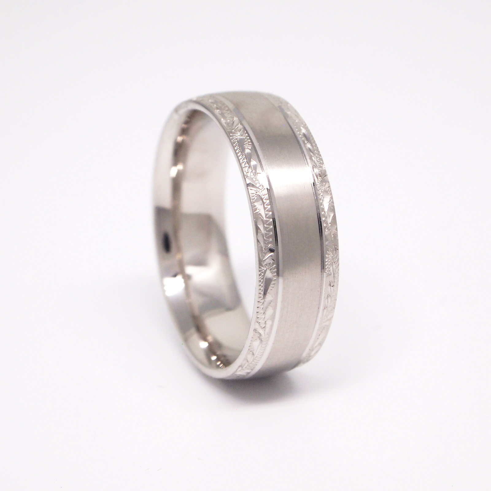 14K White Gold 7mm Satin Hand-Engraved Men's Wedding Band