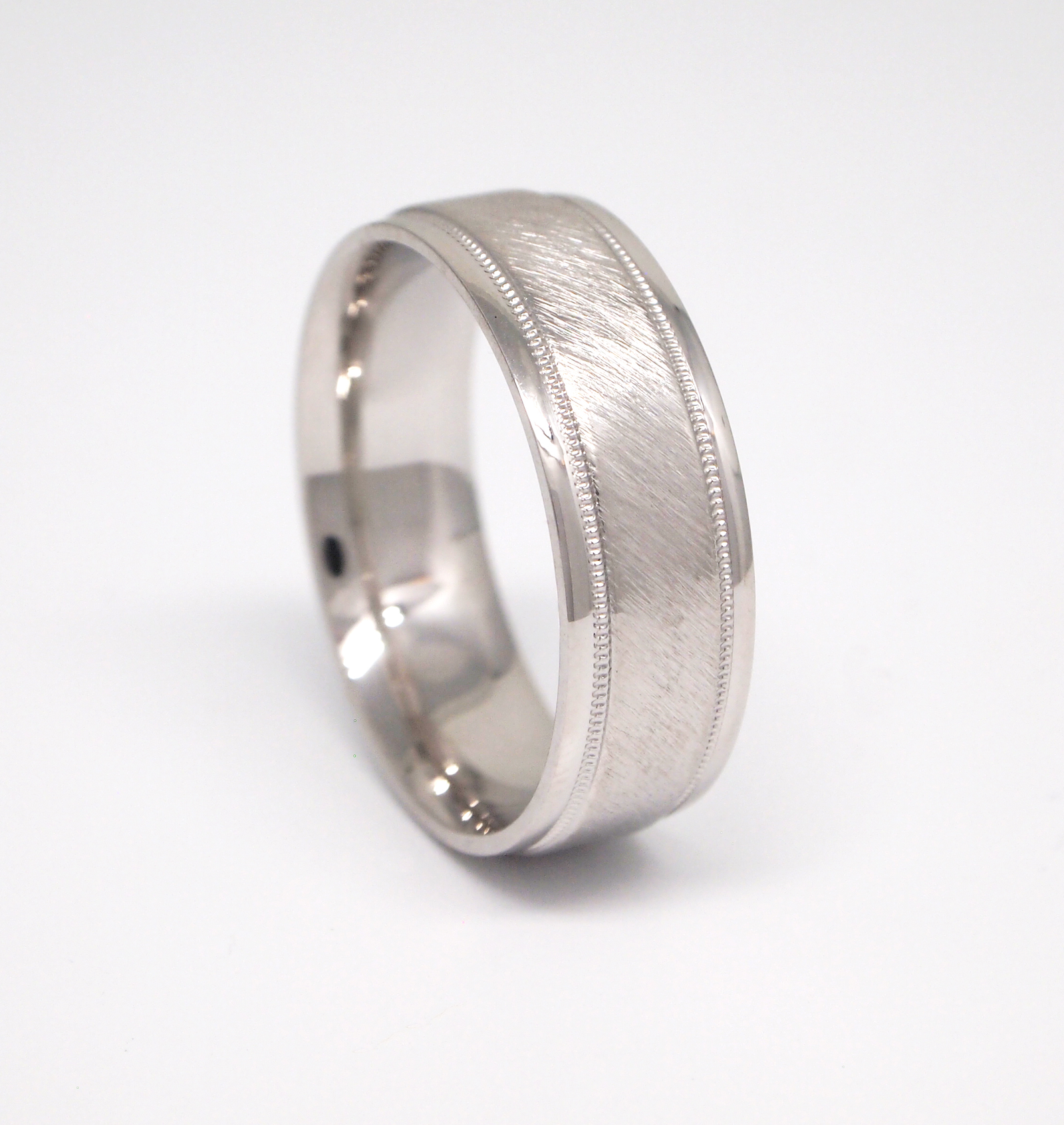 14K White Gold 7mm Bark Finish Milgrain Men's Wedding Band