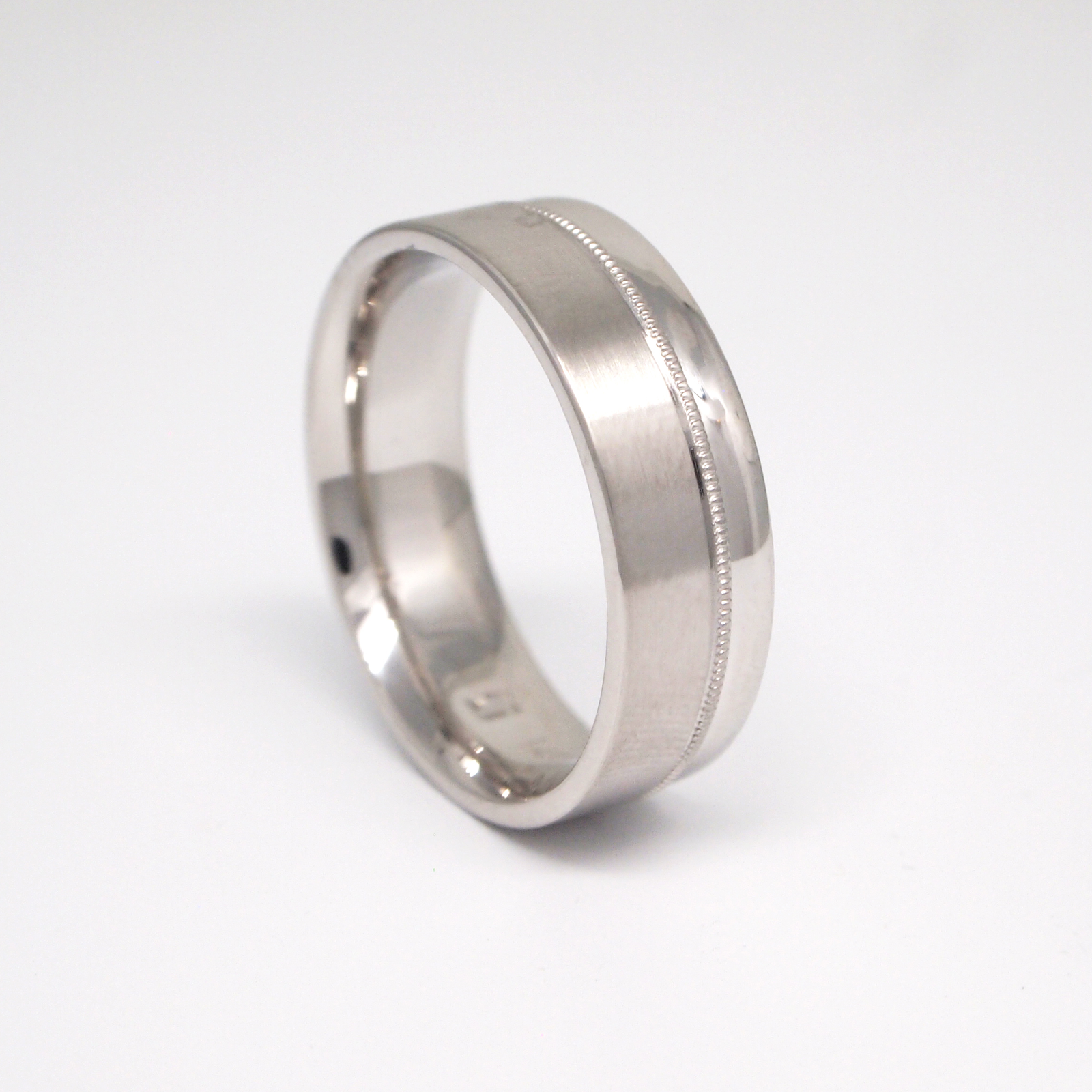 14K White Gold 7mm Satin Offset Milgrain Men's Wedding Band