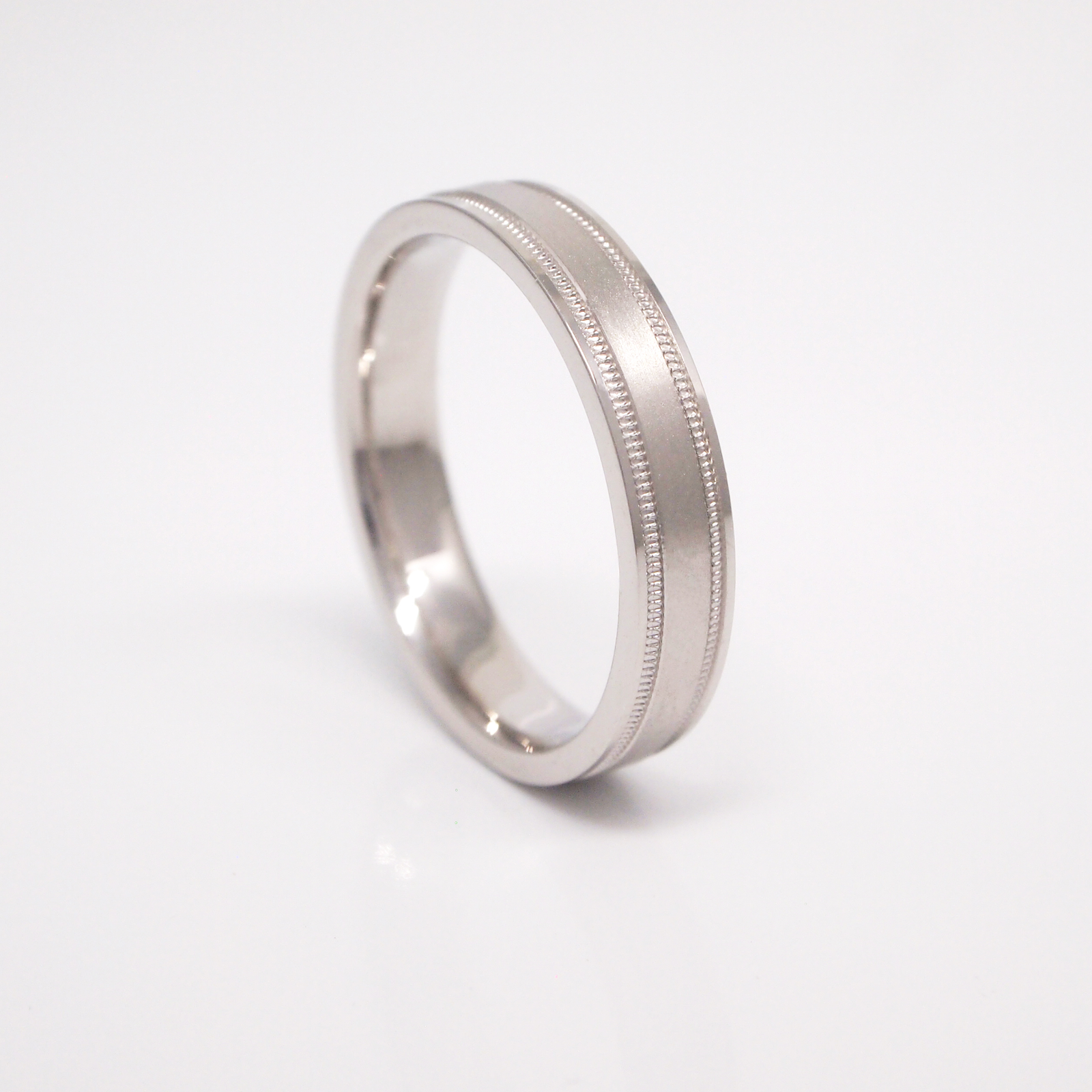 14K White Gold 4mm Satin Center Milgrain Men's Wedding Band