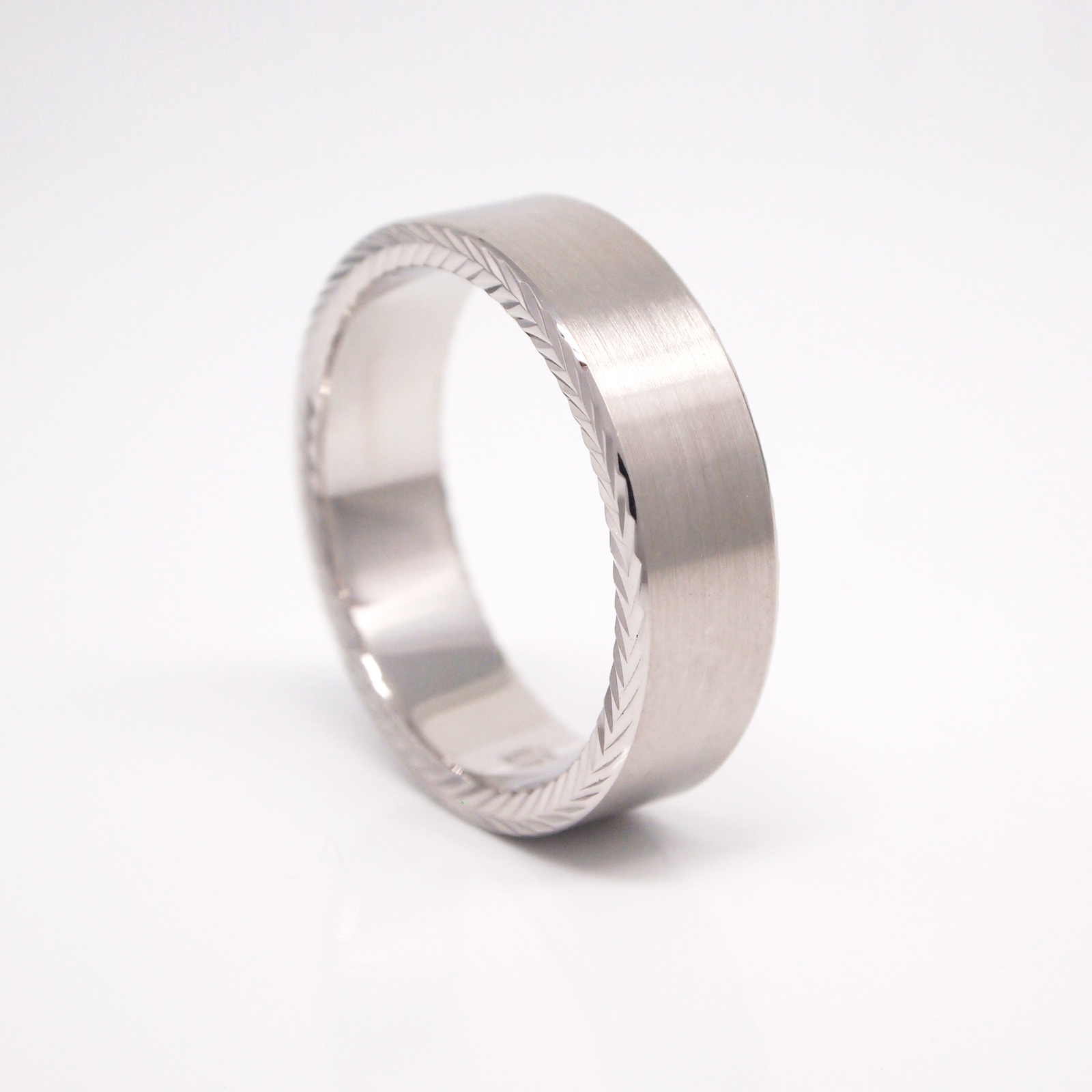 14K White Gold 6mm Engraved Pipe Cut Satin Men's Wedding Band