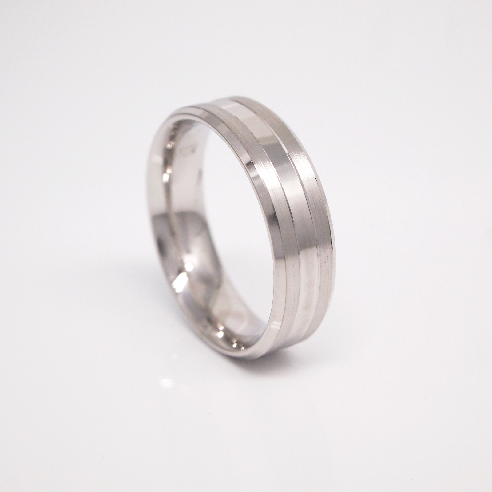 14K White Gold 6mm Brushed Strip Beveled Men's Wedding Band