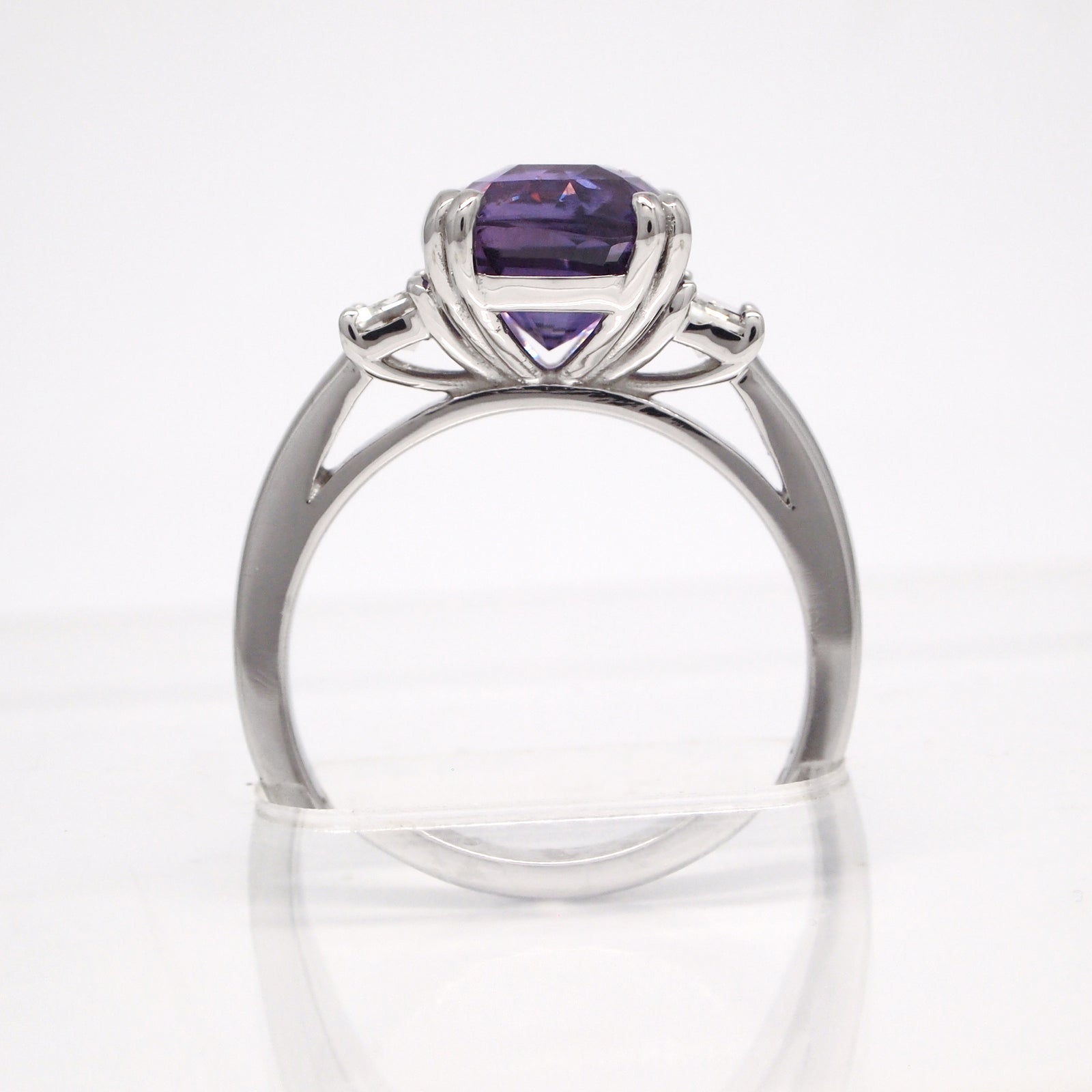 Custom Designed Platinum 3-Stone Purple Sapphire And Diamond Ring