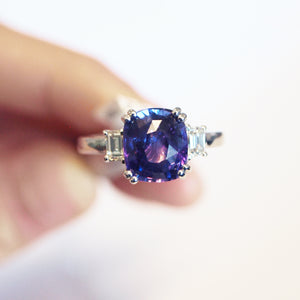 Custom Designed Platinum 3-Stone Purple Sapphire And Diamond Ring