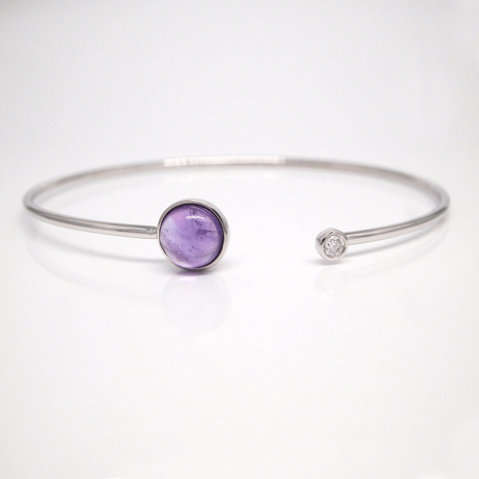 14K White Gold Cabochon Amethyst And Diamond Bangle