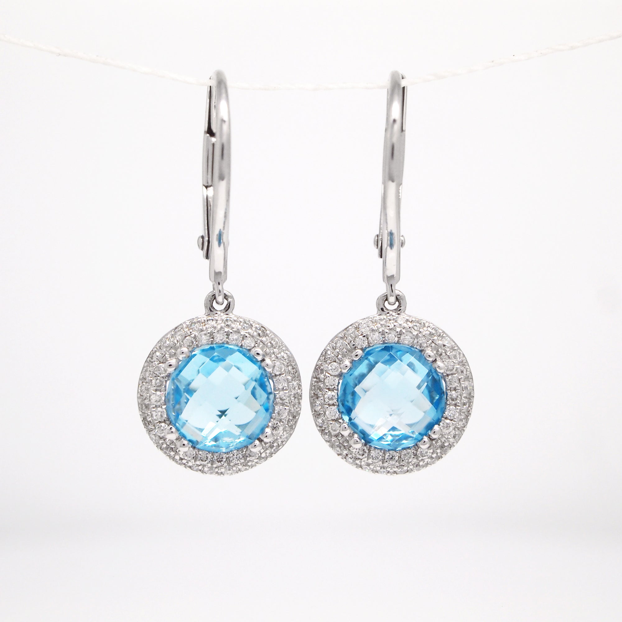 14K White Gold Blue Topaz Earrings With Diamond Halo