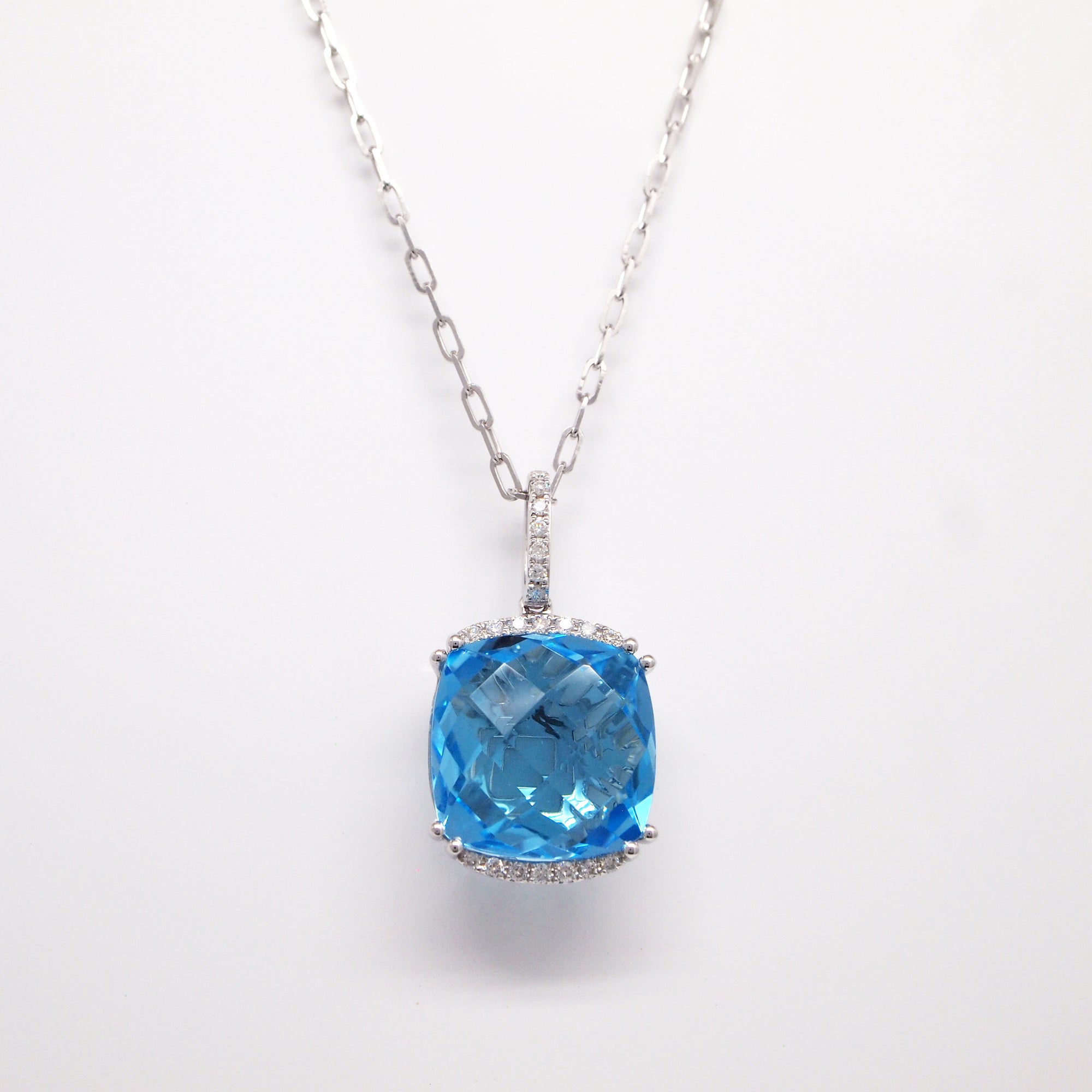 14K White Gold Blue Topaz And Diamond Pendant