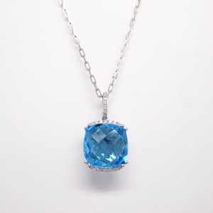 14K White Gold Blue Topaz And Diamond Pendant
