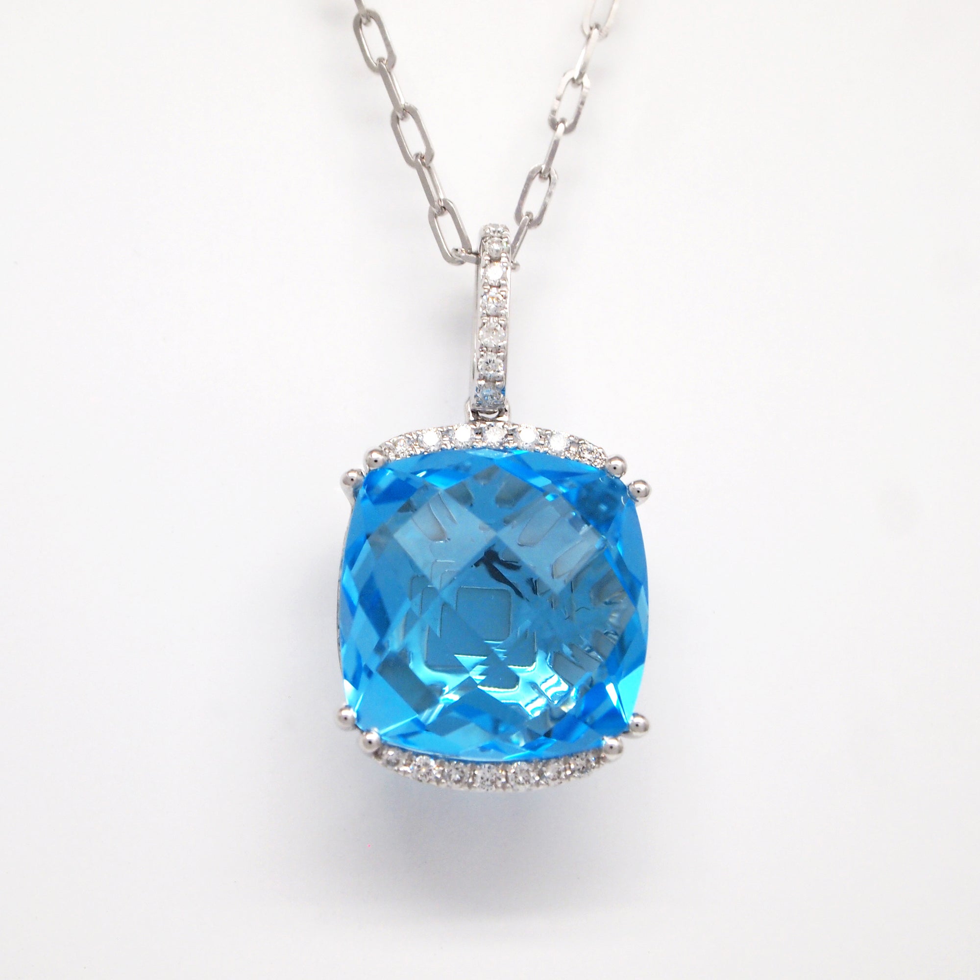 14K White Gold Blue Topaz And Diamond Pendant