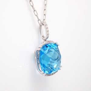 14K White Gold Blue Topaz And Diamond Pendant