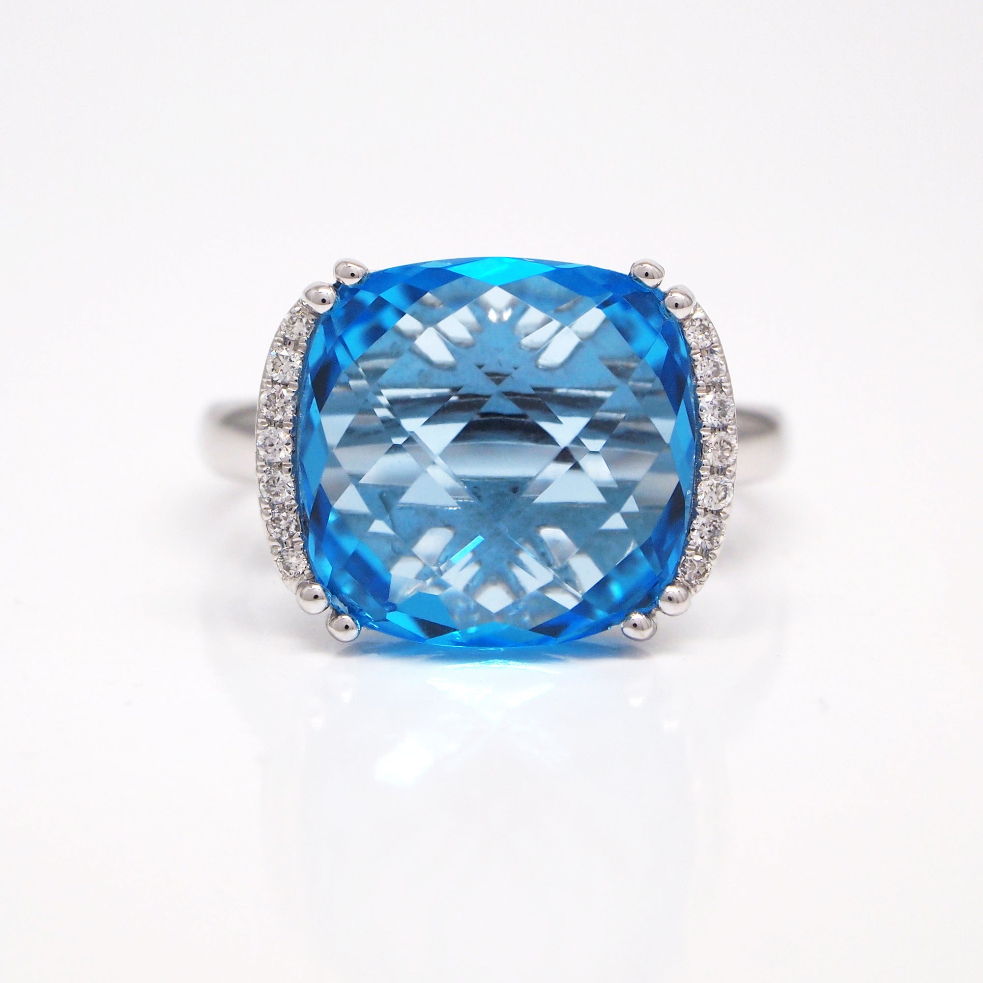 14K White Gold Blue Topaz And Diamond Ring