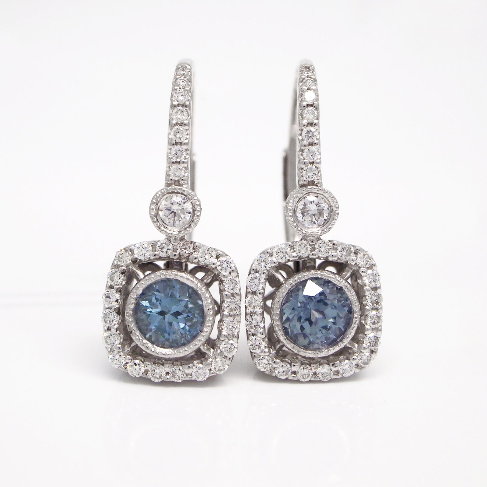14K White Gold Ceylon Sapphire And Diamond Filigree Milgrain Earrings