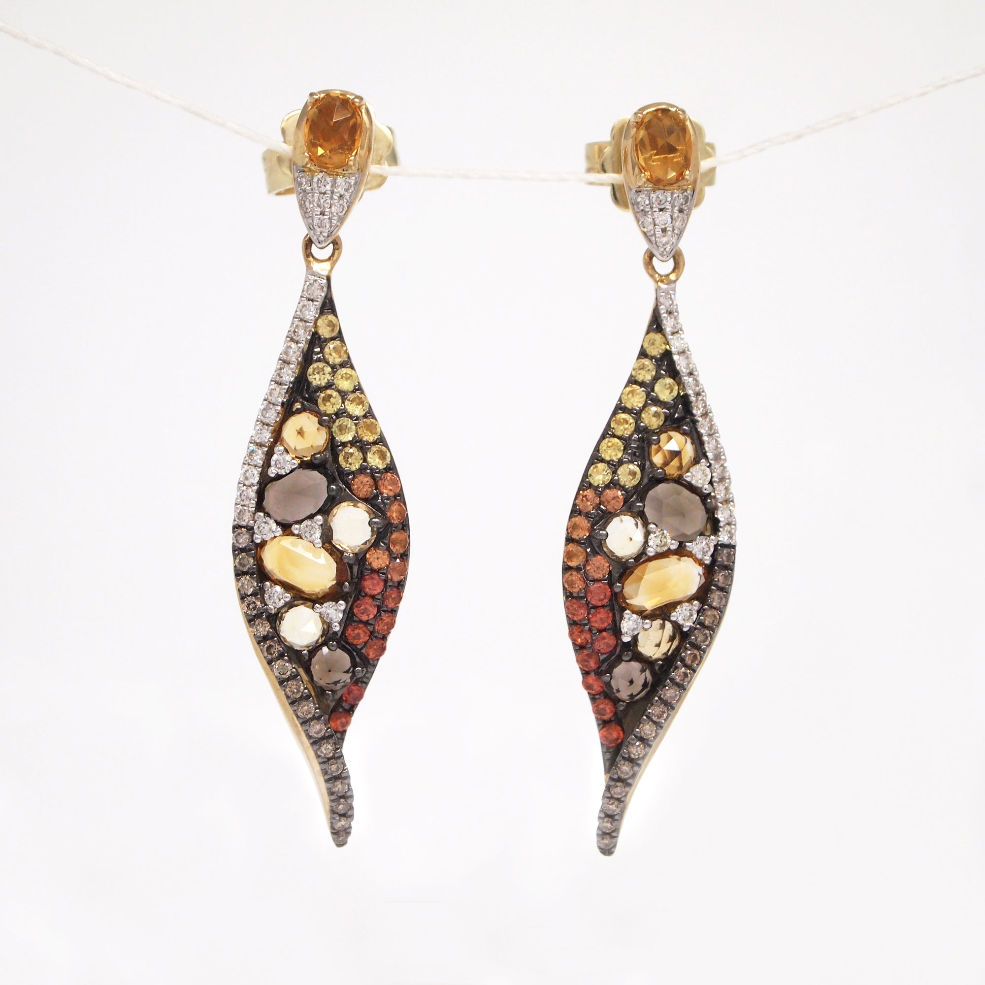 14K Yellow Gold Citrine, Sapphire, Smoky Quartz, and Diamond Drop Earrings