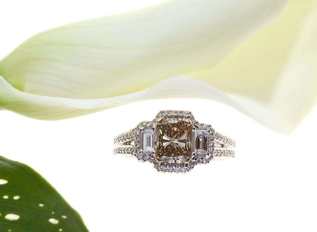 White Gold Radiant Cut Yellow-Green Three Stone Diamond Engagement Ring with White Diamonds