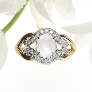 White and Yellow Gold Two Tone Cabochon Cut Moonstone Ring with Round Brilliant Diamonds