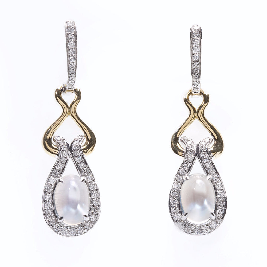 two tone gold cabochon moonstone and diamond earrings