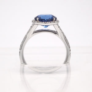 Platinum Round Sapphire Split Shank Halo Engagement Ring