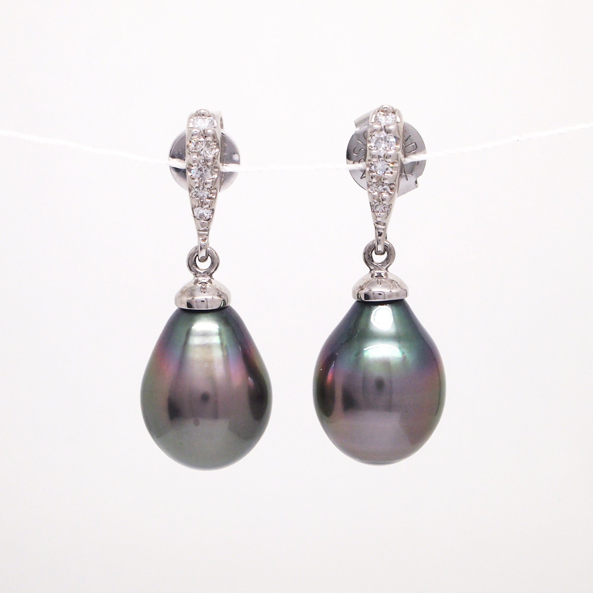 14K White Gold Tahitian Pearl And Diamond Drop Earrings