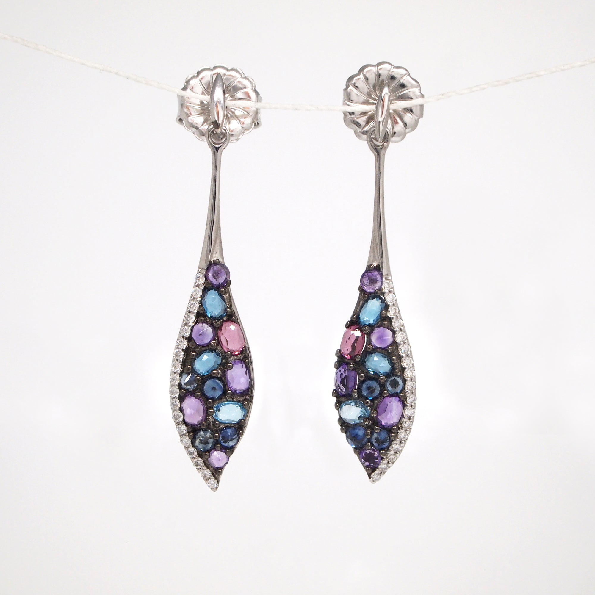 14K White Gold Amethyst, Topaz, Sapphire, and Diamond Earrings