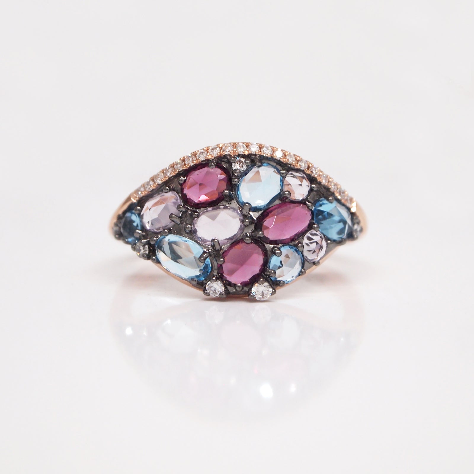 14K Rose Gold Amethyst, Rhodolite, Topaz, and Diamond Ring
