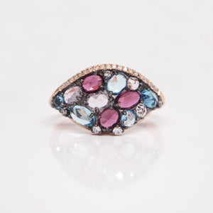 14K Rose Gold Amethyst, Rhodolite, Topaz, and Diamond Ring