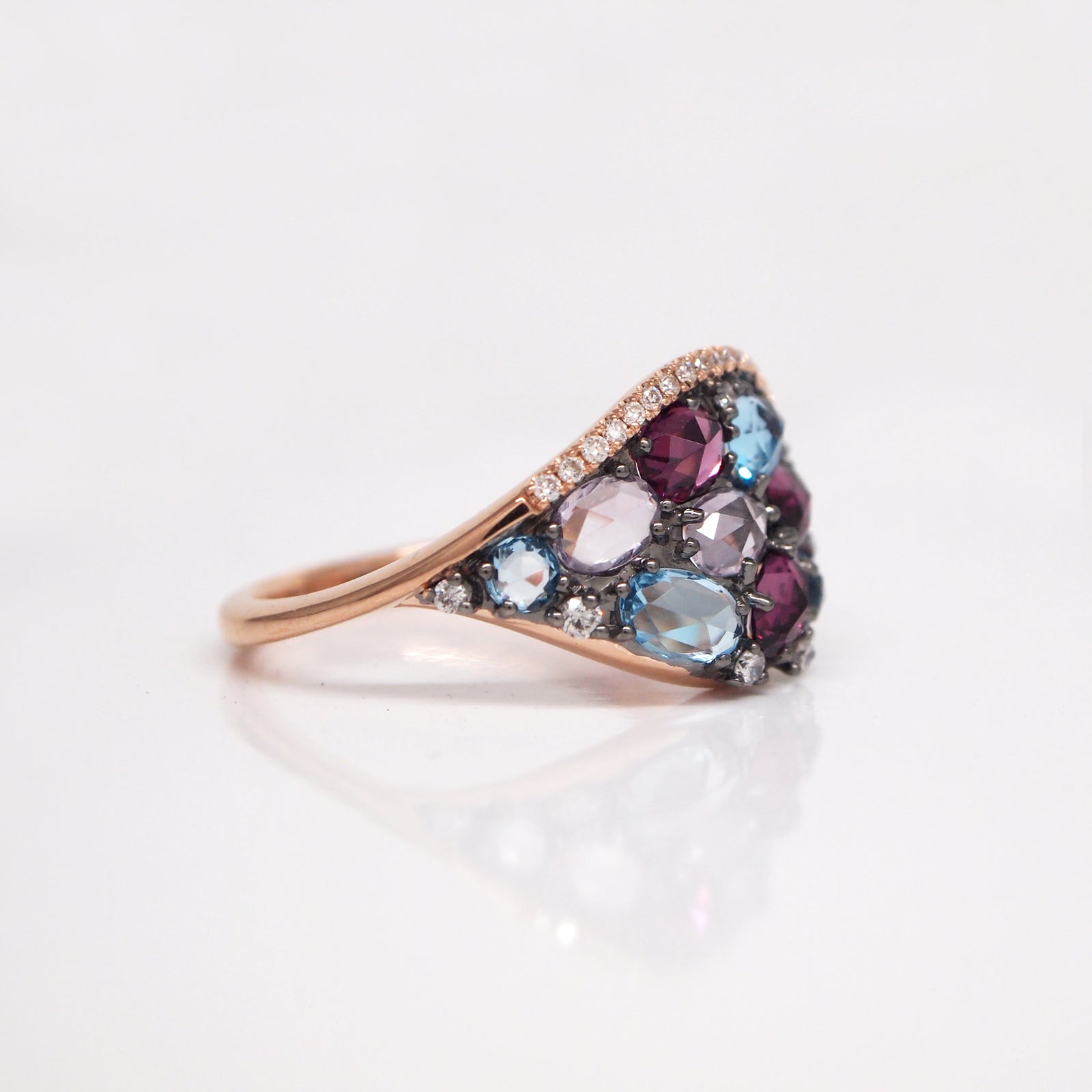 14K Rose Gold Amethyst, Rhodolite, Topaz, and Diamond Ring