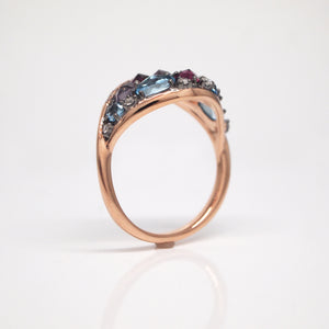 14K Rose Gold Amethyst, Rhodolite, Topaz, and Diamond Ring