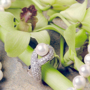 White gold Akoya pearl and pave set diamond ring