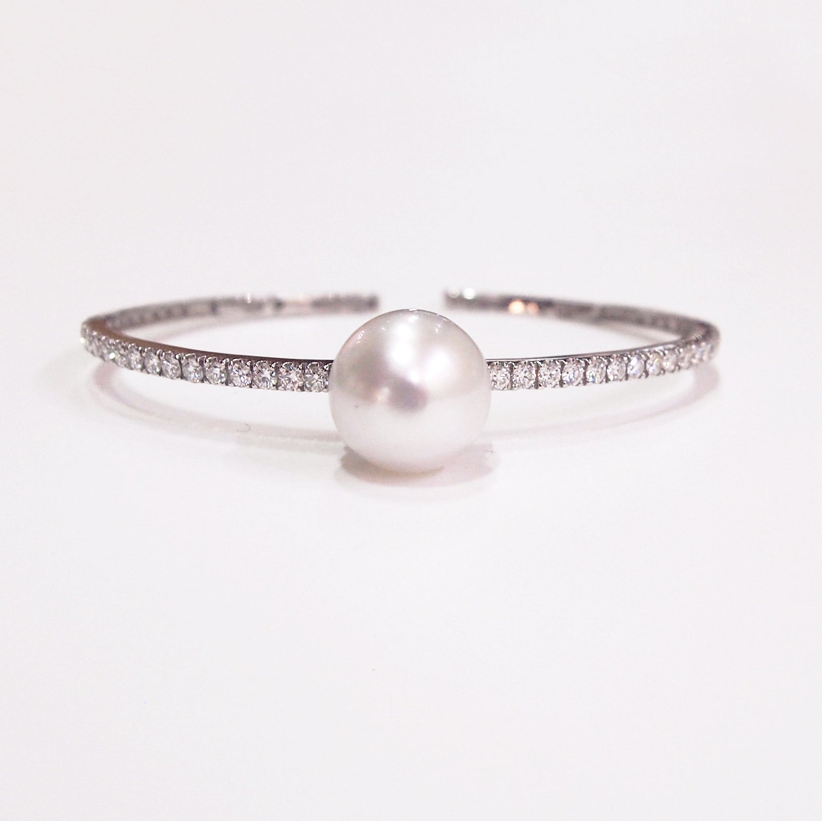 18K White Gold South Sea Pearl and Diamond Bangle Bracelet