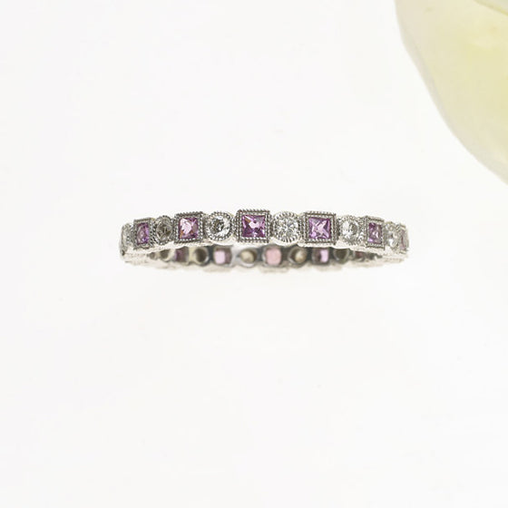 14K White Gold Pink Sapphire And Diamond Eternity Band