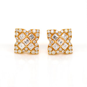18K yellow gold diamond earrings featuring Asscher and round diamonds weighing a total of 2.78 carats set in a 4-point clover design.