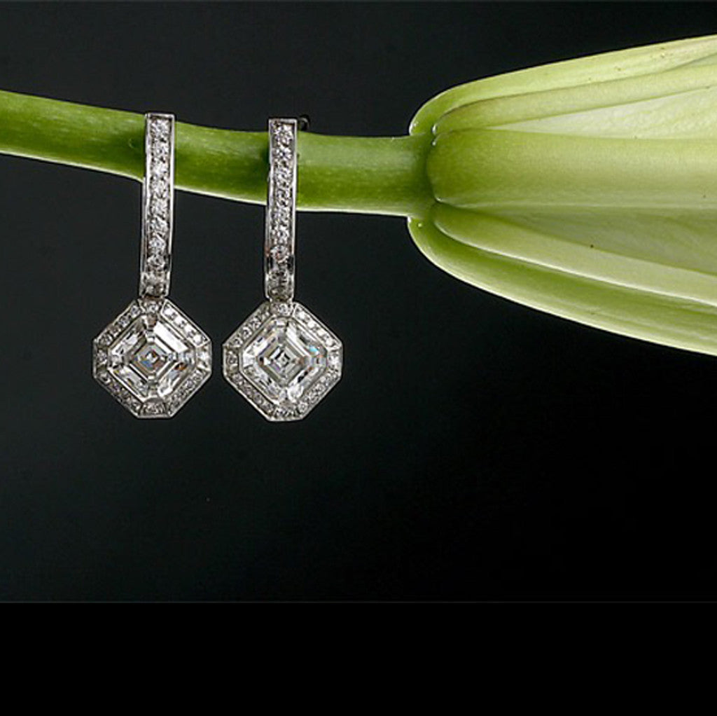 Daniel K platinum pave drop asscher cut and round brilliant diamond earrings