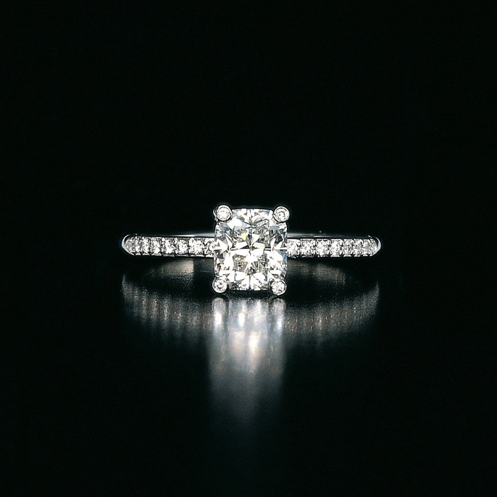 Daniel K platinum radiant cut and round diamond engagement ring