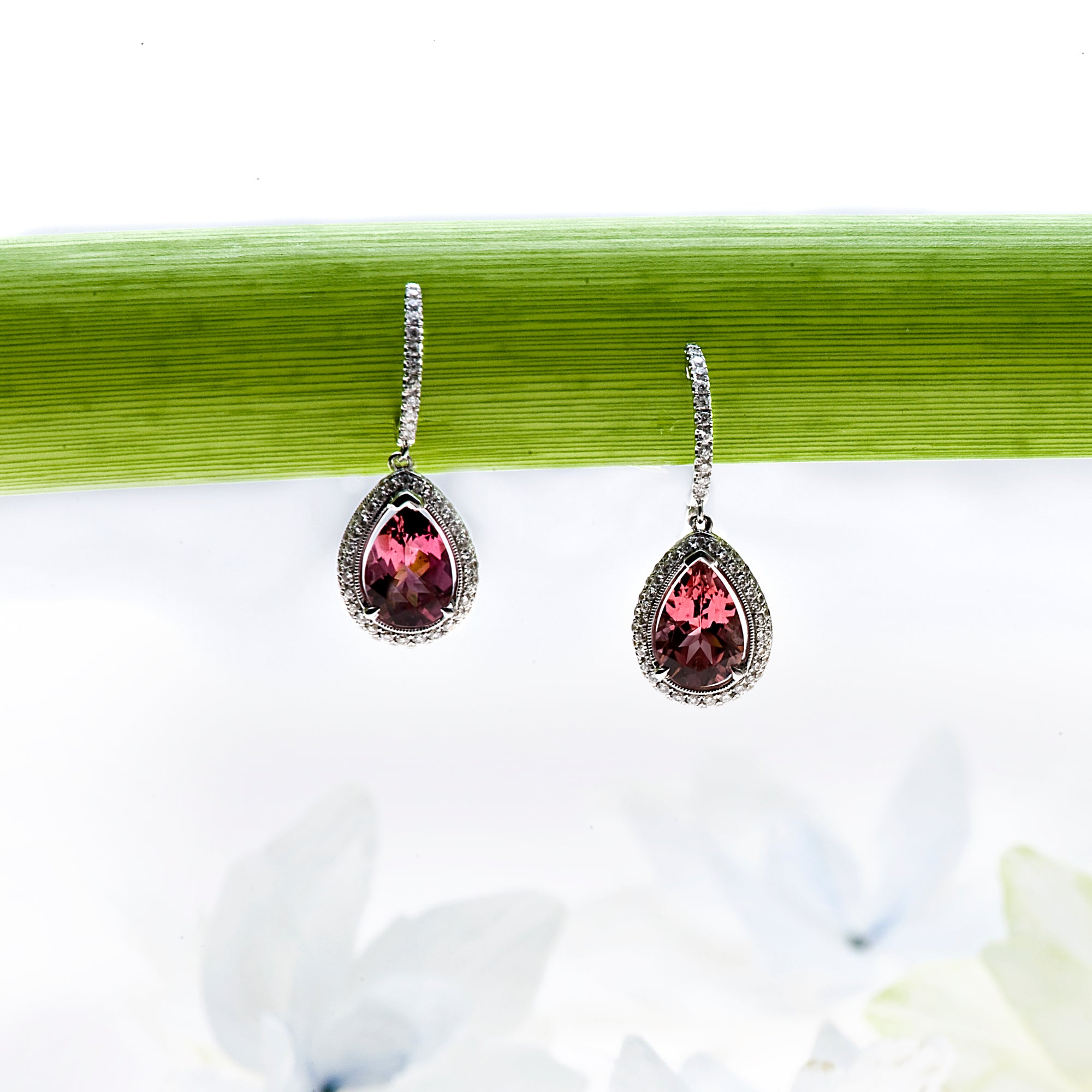 14K White Gold Garnet And Diamond Earrings