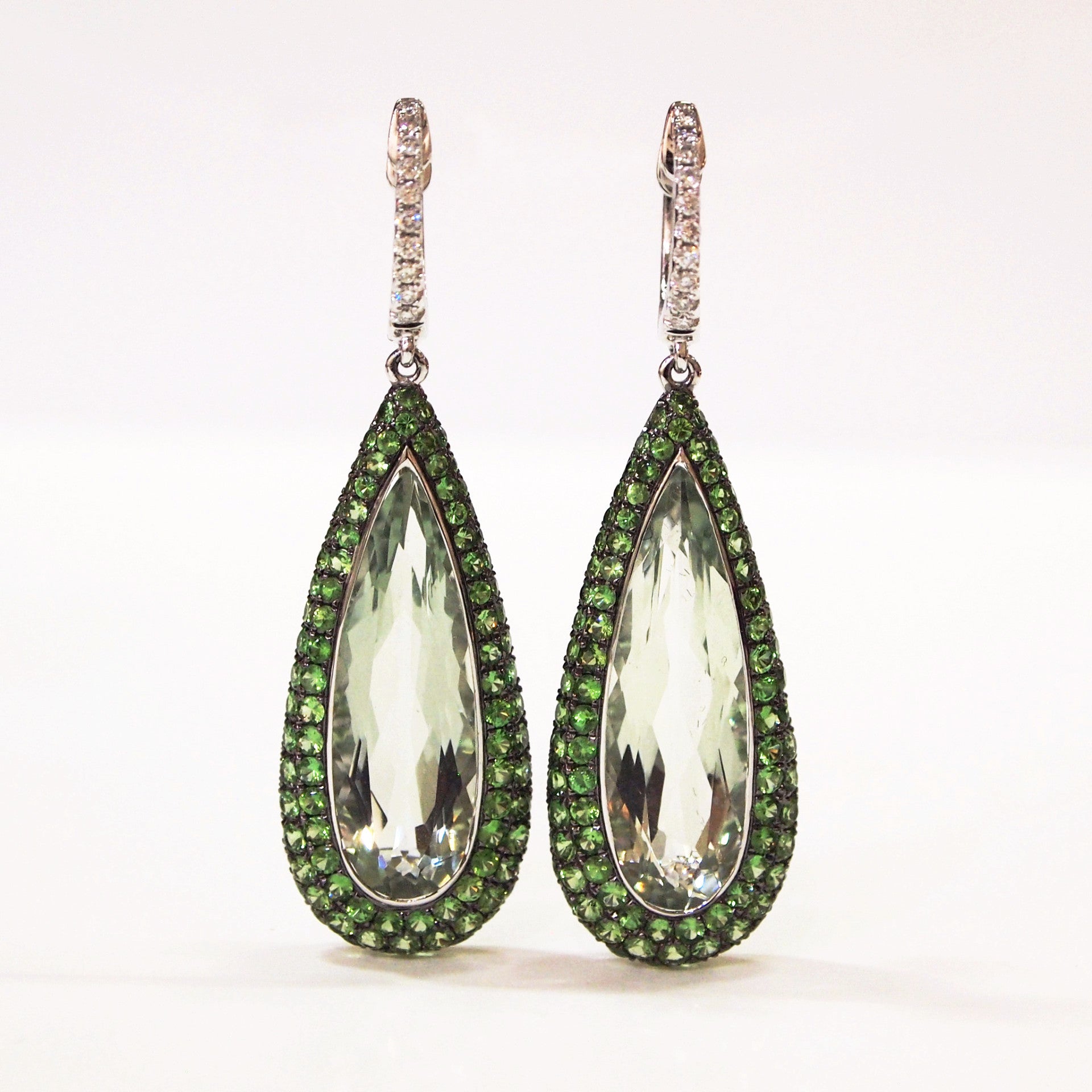 18K White Gold Tsavorite Garnet, Green Amethyst, Diamond Earrings