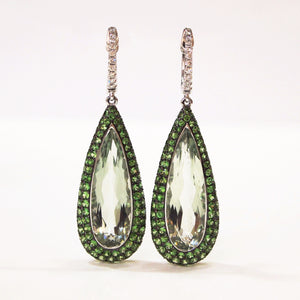 18K White Gold Tsavorite Garnet, Green Amethyst, Diamond Earrings