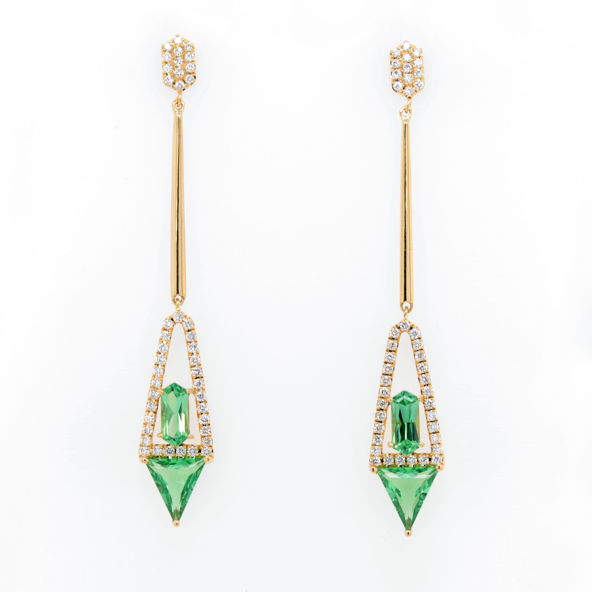 18K Yellow Gold Green Quartz And Diamond Drop Earrings