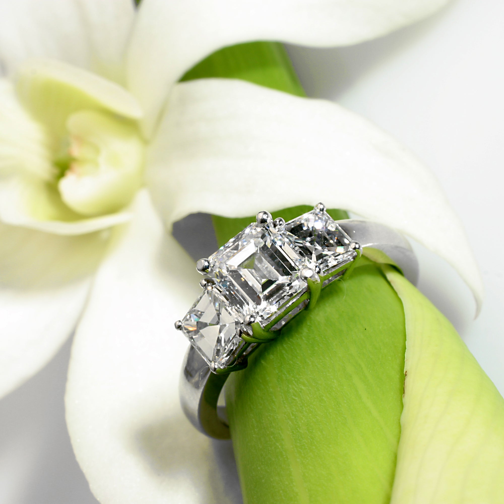 14K white gold diamond engagement ring featuring 1 emerald-cut diamond and 2 Asscher diamond side stones. Judith Arnell Jewelers.